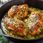 30 minute garlic butter chicken in skillet with garlic butter sauce