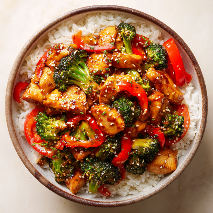 30 Minute Teriyaki Chicken Stir Fry with broccoli, red peppers, and sesame seeds over rice