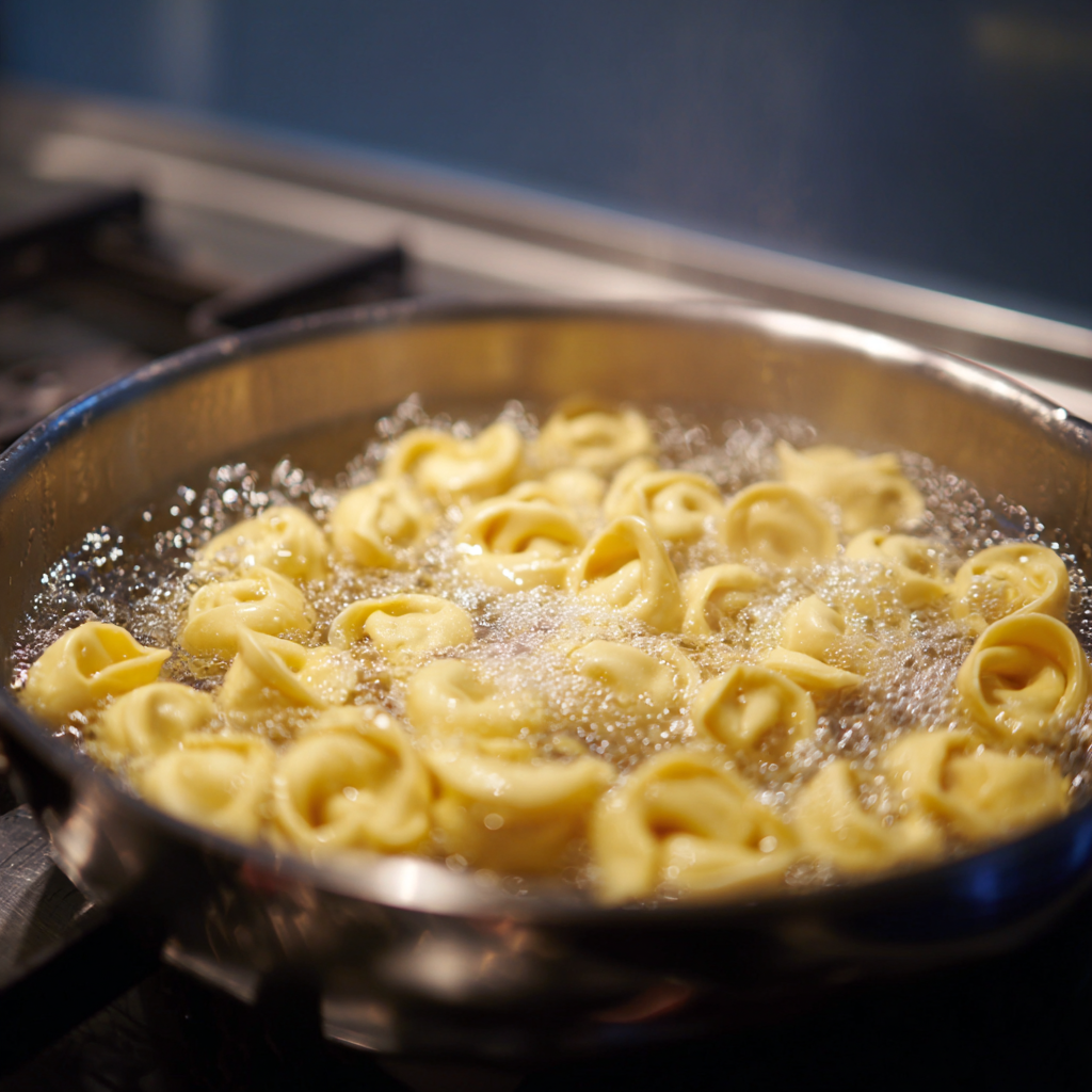 Boiling tortellini in heavily salted water for pasta salad recipe