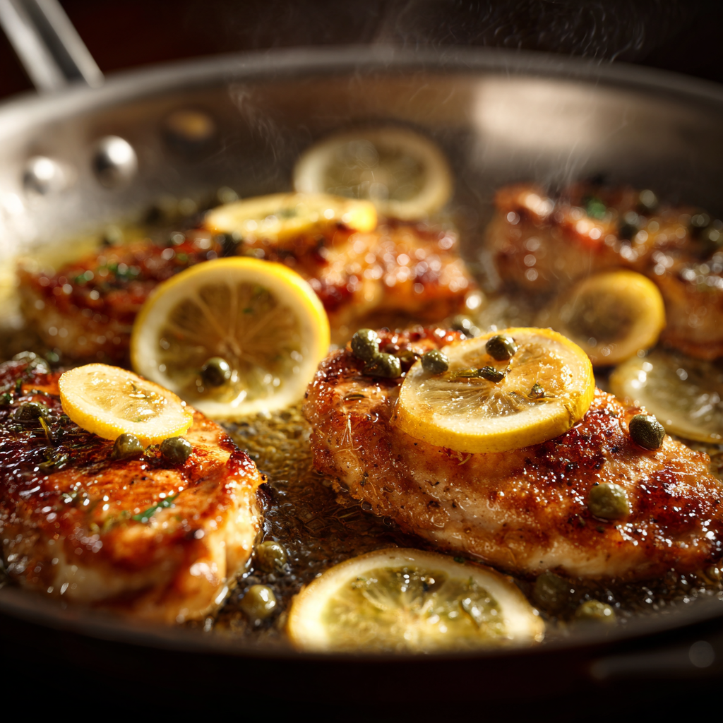 pan-seared chicken piccata cooking in skillet ( Easy Chicken Piccata Recipe in 30 Minutes)