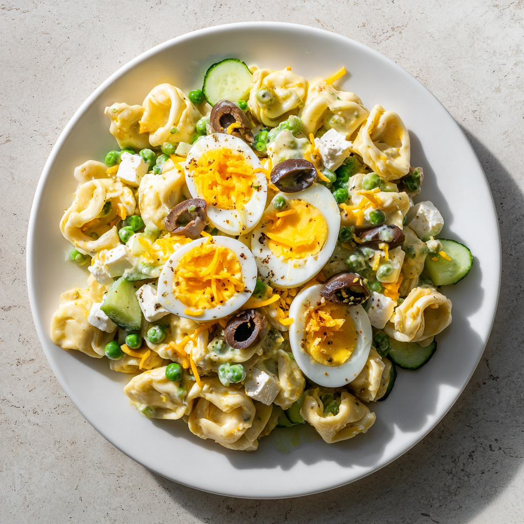 Classic American deli-style tortellini pasta salad recipe with creamy dressing