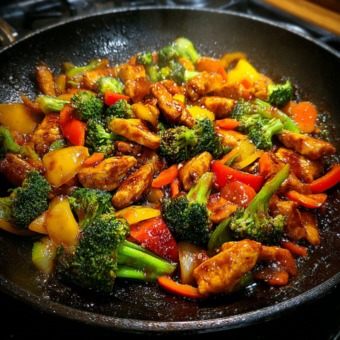 chicken and vegetables cooking in wok for easy teriyaki stir fry