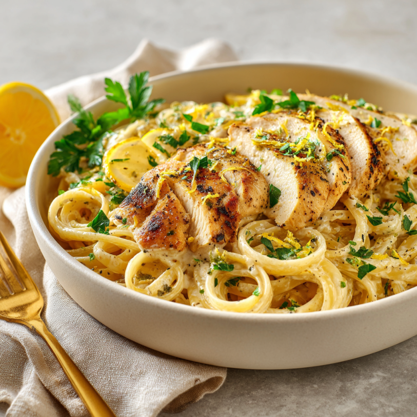 Creamy lemon chicken pasta with sliced grilled chicken and fresh parsley