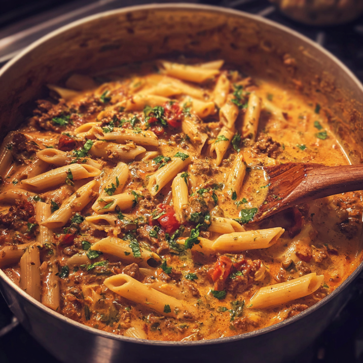Creamy penne pasta with ground beef, tomatoes, and herbs in skillet