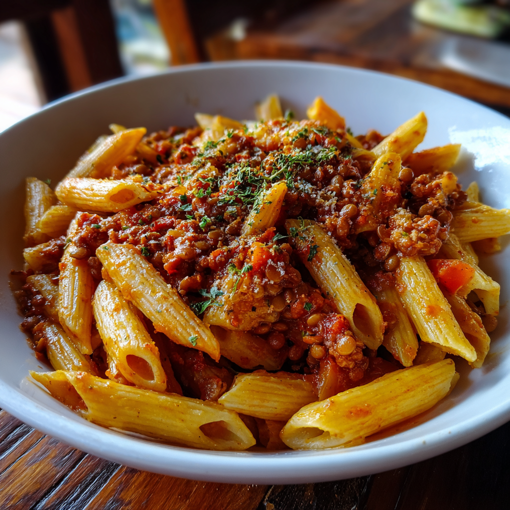 Lentil variation of penne pasta with meat sauce (budget-friendly)