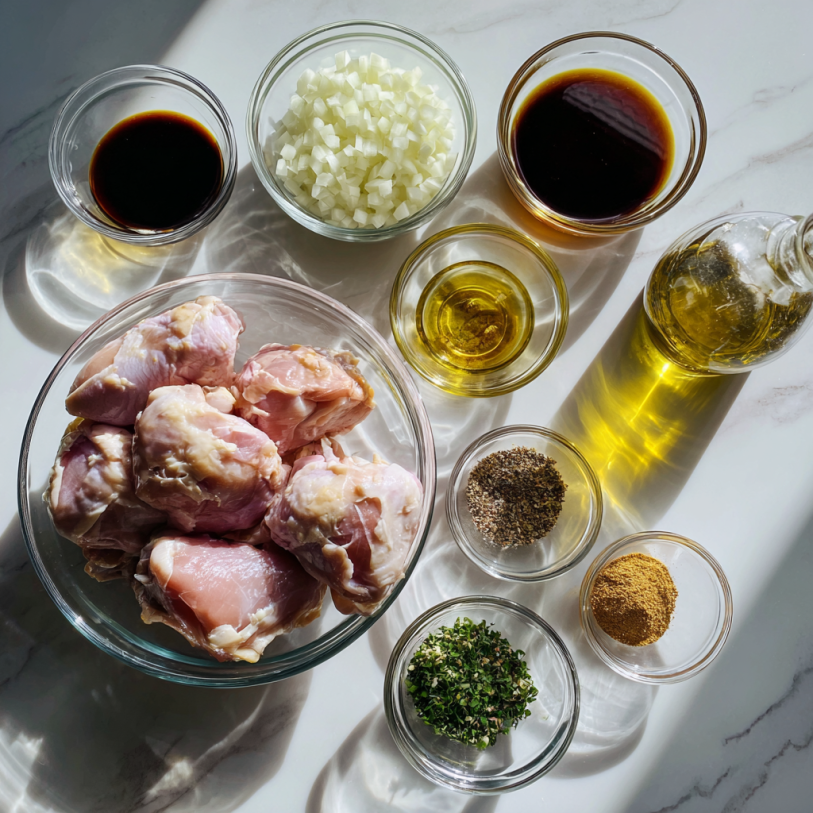 Honey Garlic chicken skillet ingredients including chicken thighs, olive oil, herbs, onions, and spices