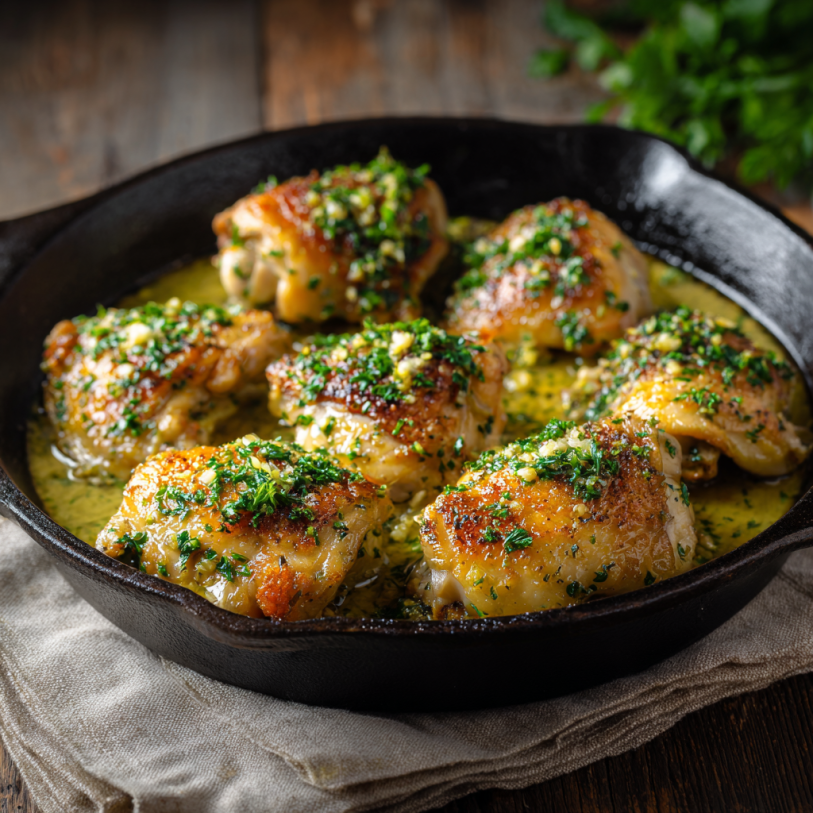Garlic butter chicken thighs cooked in a cast iron skillet with fresh herbs