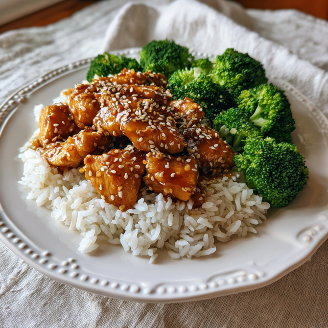 Honey garlic chicken served with rice and broccoli