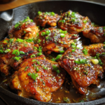 Honey garlic chicken thighs in a skillet topped with sesame seeds and green onions