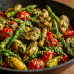 One pan pesto chicken and vegetables in a skillet with colorful veggies