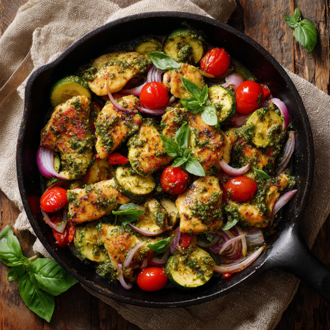 Pesto chicken and vegetables in a cast-iron skillet