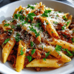 Penne pasta with meat sauce (budget-friendly) served in a bowl