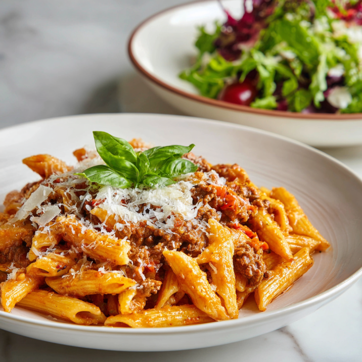 Penne pasta with rich meat sauce, Parmesan cheese, and basil garnish
