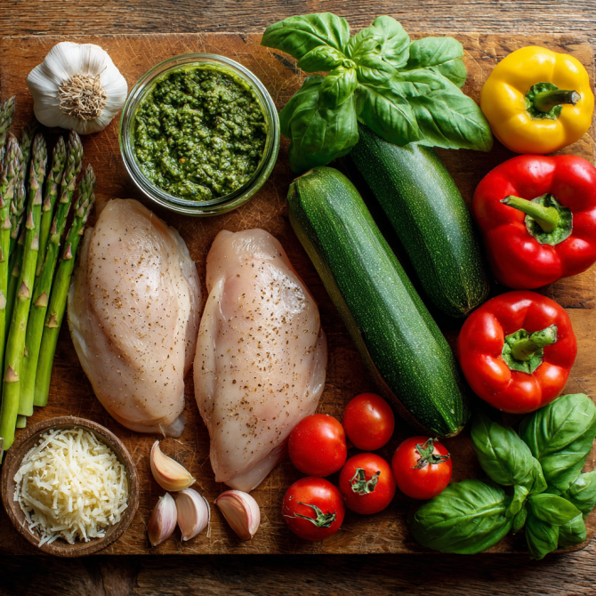 Ingredients for one pan pesto chicken and vegetables with fresh produce and pesto
