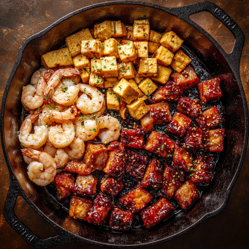 Overhead view of sizzling skillet with shrimp, tofu, and honey garlic glaze
