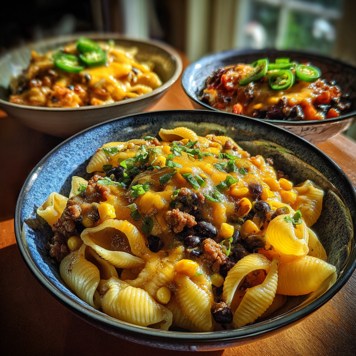 Taco pasta served three ways – classic beef, vegetarian with beans, and spicy with jalapeños