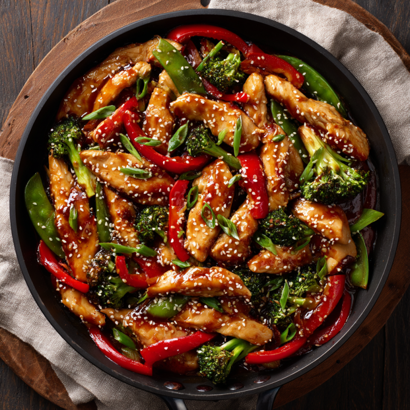 Teriyaki chicken stir fry with broccoli, snap peas, and red bell peppers in sesame sauce