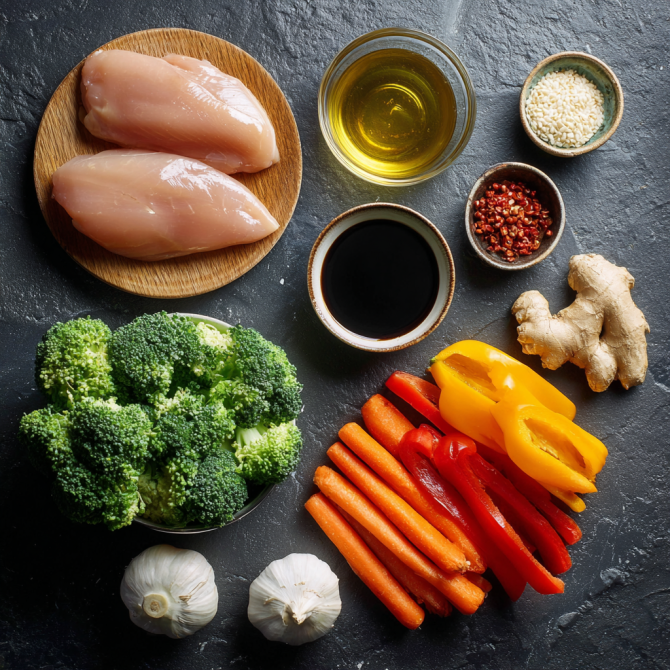 ingredients for 30 minute teriyaki chicken stir fry on kitchen counter