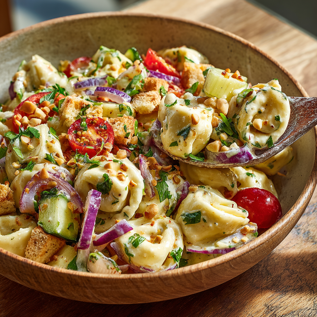 Tortellini pasta salad recipe with crunchy toppings like nuts and veggies