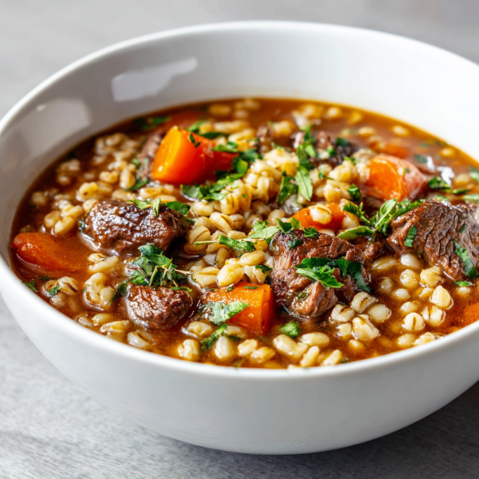Beef and barley stew with carrots and herbs in clean white bowl