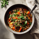Beef and barley soup recipe with vegetables and fresh parsley in a ceramic bowl