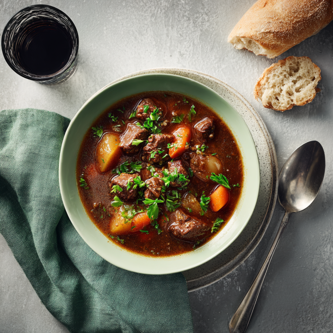 Hearty beef and barley stew with carrots, potatoes, and fresh parsley
