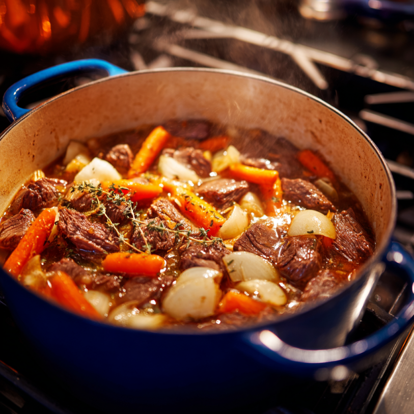Beef stew simmering in a Dutch oven with carrots, onions, and herbs