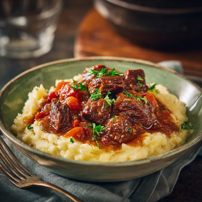 Classic Irish Beef stew recipe with mashed potatoes served in a rustic bowl and garnished with parsley