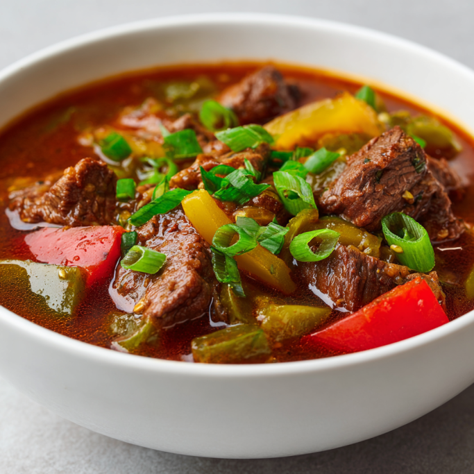 Spicy Cajun beef stew with bell peppers and celery