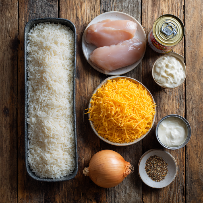 Ingredients for cheesy chicken and rice casserole flat lay.