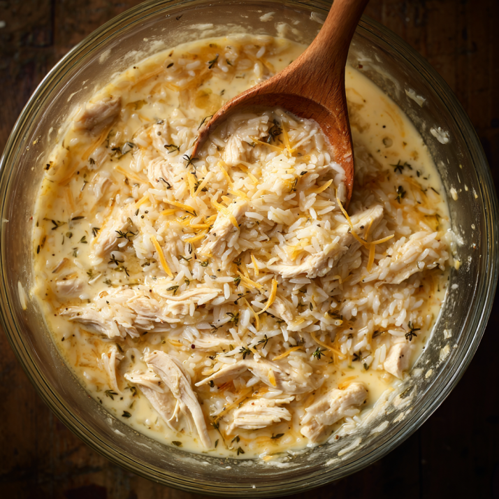 Mixing creamy chicken rice casserole ingredients.