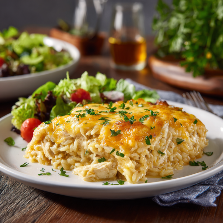 Serving of cheesy chicken and rice casserole with salad.