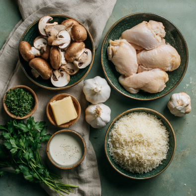ingredients for creamy mushroom chicken and rice
