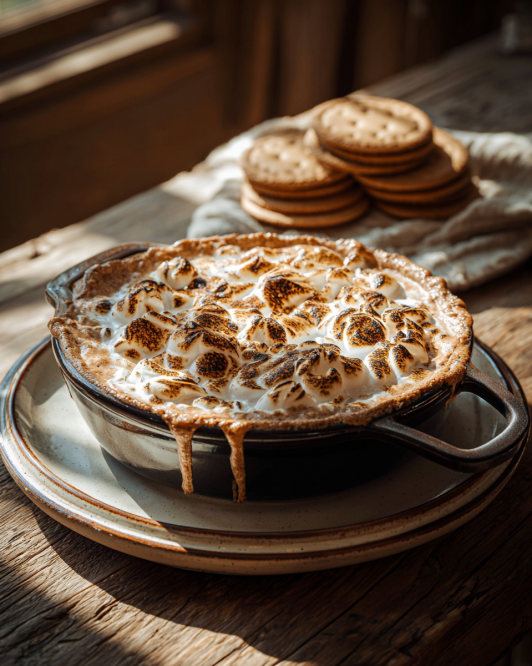 Easy S’mores Dip Recipe dessert with toasted marshmallows in a cast iron skillet