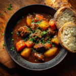 Classic Irish beef stew with tender beef, carrots, and potatoes served with bread