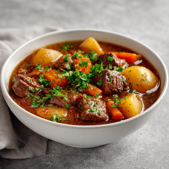Beef Stew Recipes: Classic Irish beef stew with potatoes and carrots in white bowl