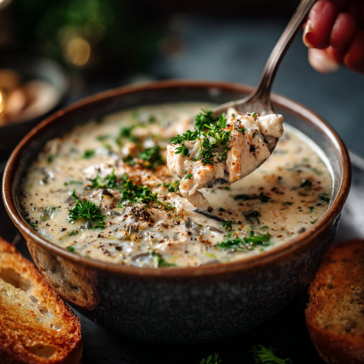 creamy chicken and wild rice soup recipe served in white bowl