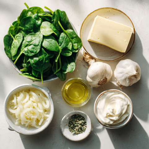 Ingredients for creamy spinach side laid out flat