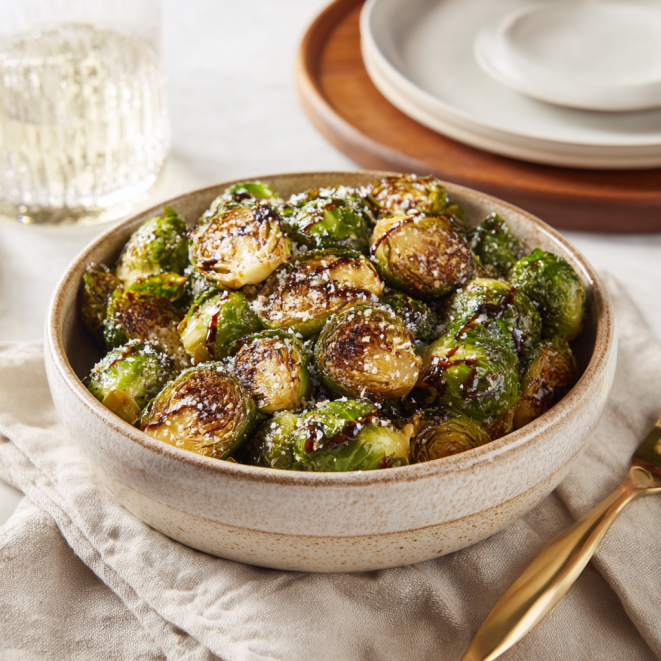Crispy oven roasted Brussels sprouts served with Parmesan and balsamic