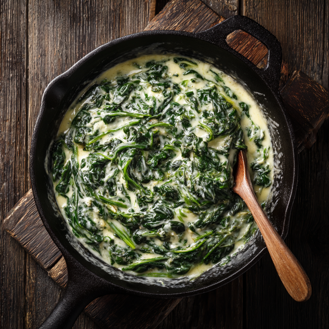 Creamed spinach in a black skillet with creamy sauce