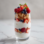 easy fresh berry parfait in a glass with berries and granola