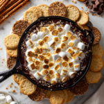 Easy s’mores dip recipe in skillet with golden marshmallows