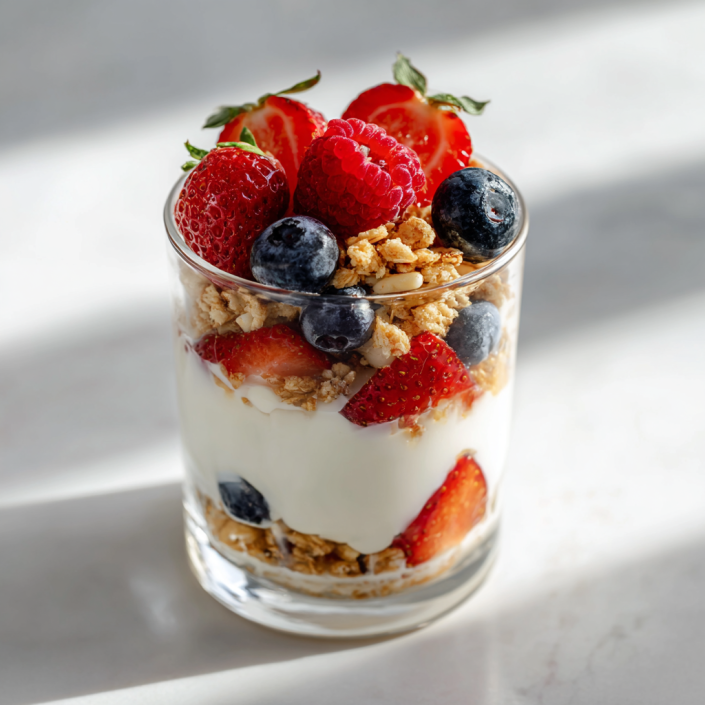 Fresh berry parfait layered with yogurt, granola, and berries