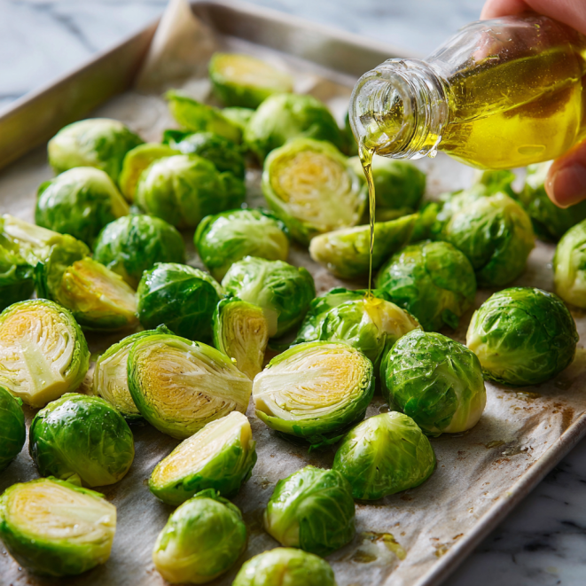 Fresh Brussels sprouts drizzled with olive oil on a baking sheet before roasting