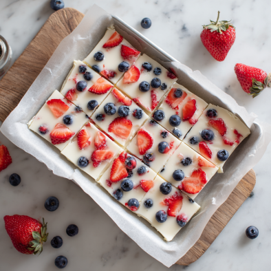 frozen yogurt bark with strawberries and blueberries