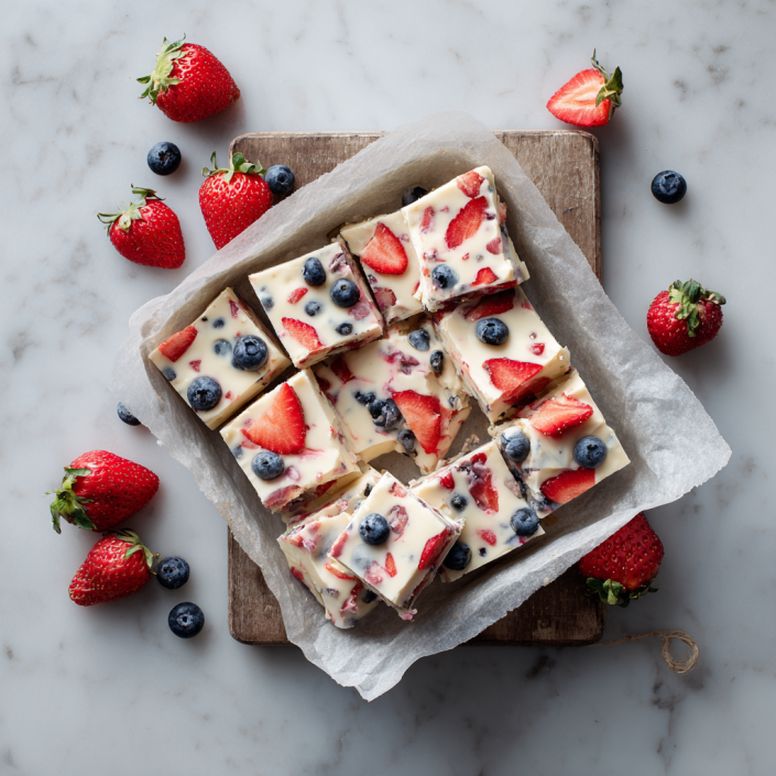 Frozen yogurt bark with strawberries and blueberries cut into squares