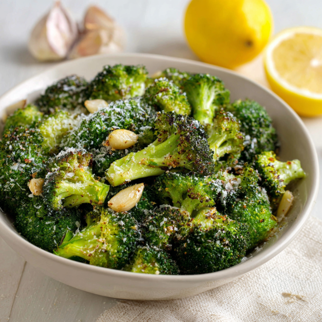Garlic roasted broccoli recipe with parmesan garnish