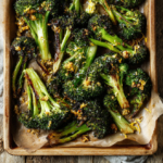 Garlic roasted broccoli recipe on rustic tray