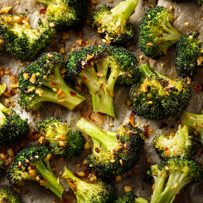 Garlic roasted broccoli with crispy edges and golden bits