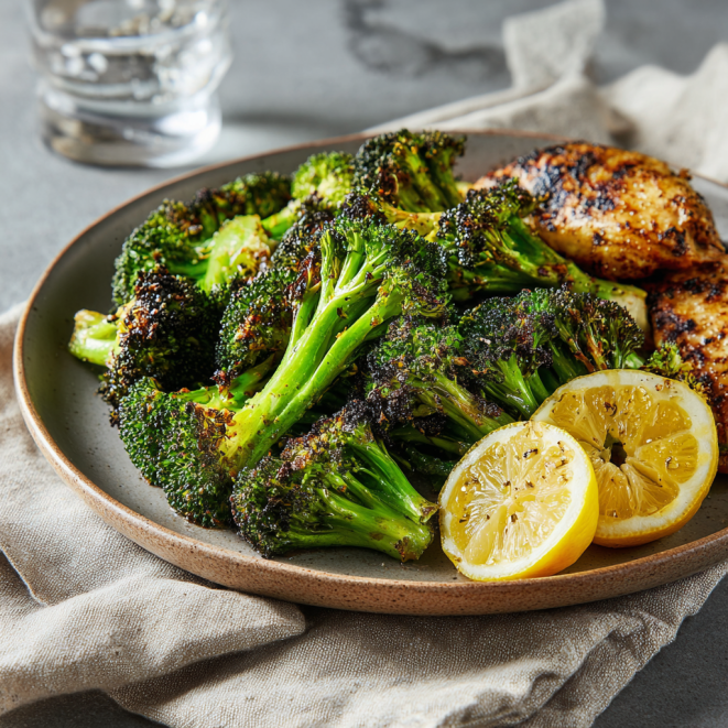 Crispy garlic roasted broccoli served with grilled chicken